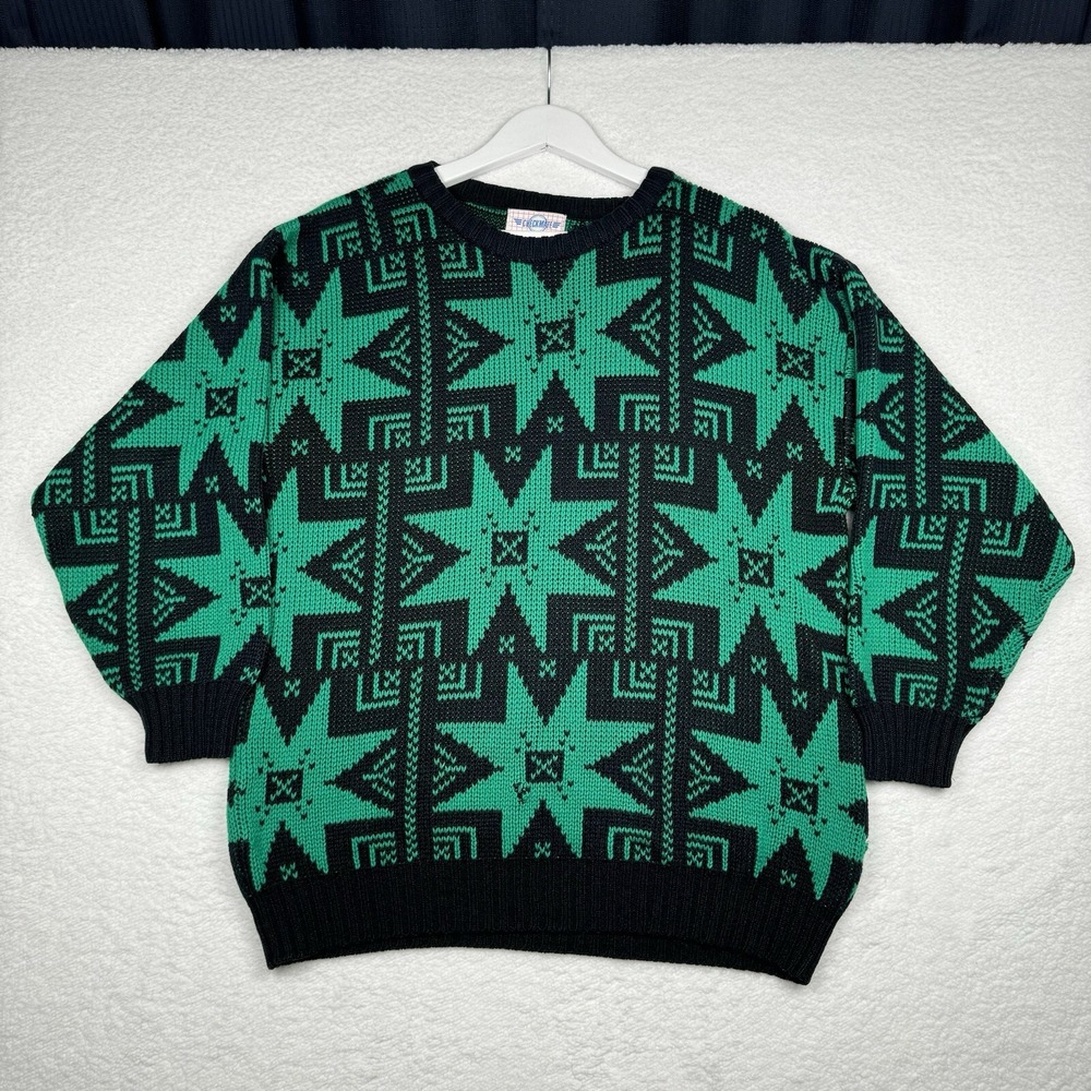 Vintage 80s CHECKMATE - Leaf Flower Panttern Acrylic Sweater - Women's XL?